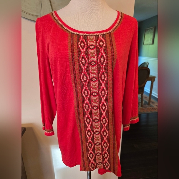 J. Jill Size Medium Embroidered 3/4 Sleeve Scoop Neck Cotton Top Shirt Boho - Picture 1 of 8